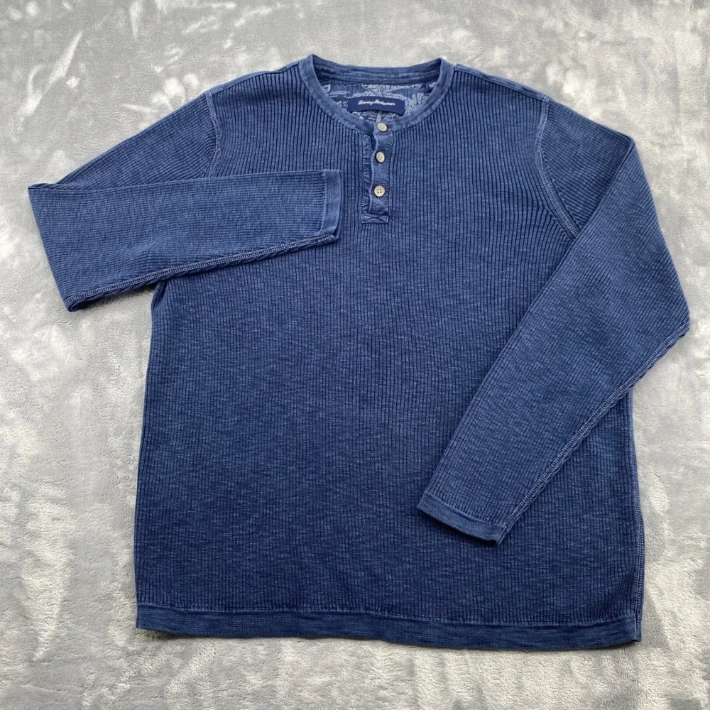 Tommy Bahama Mens Medium Blue Ribbed Cotton Long Sleeve Henley Shirt